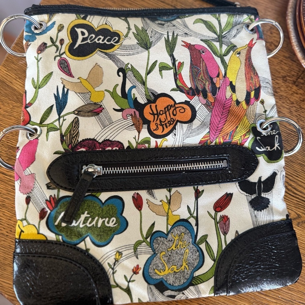 The Sak Boho Canvas Purse Bird Floral Peace Nature Print Leather Trim Bag